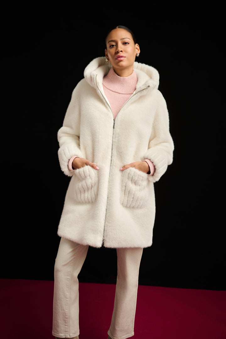 Knit Faux Fur Hooded Coat 264947