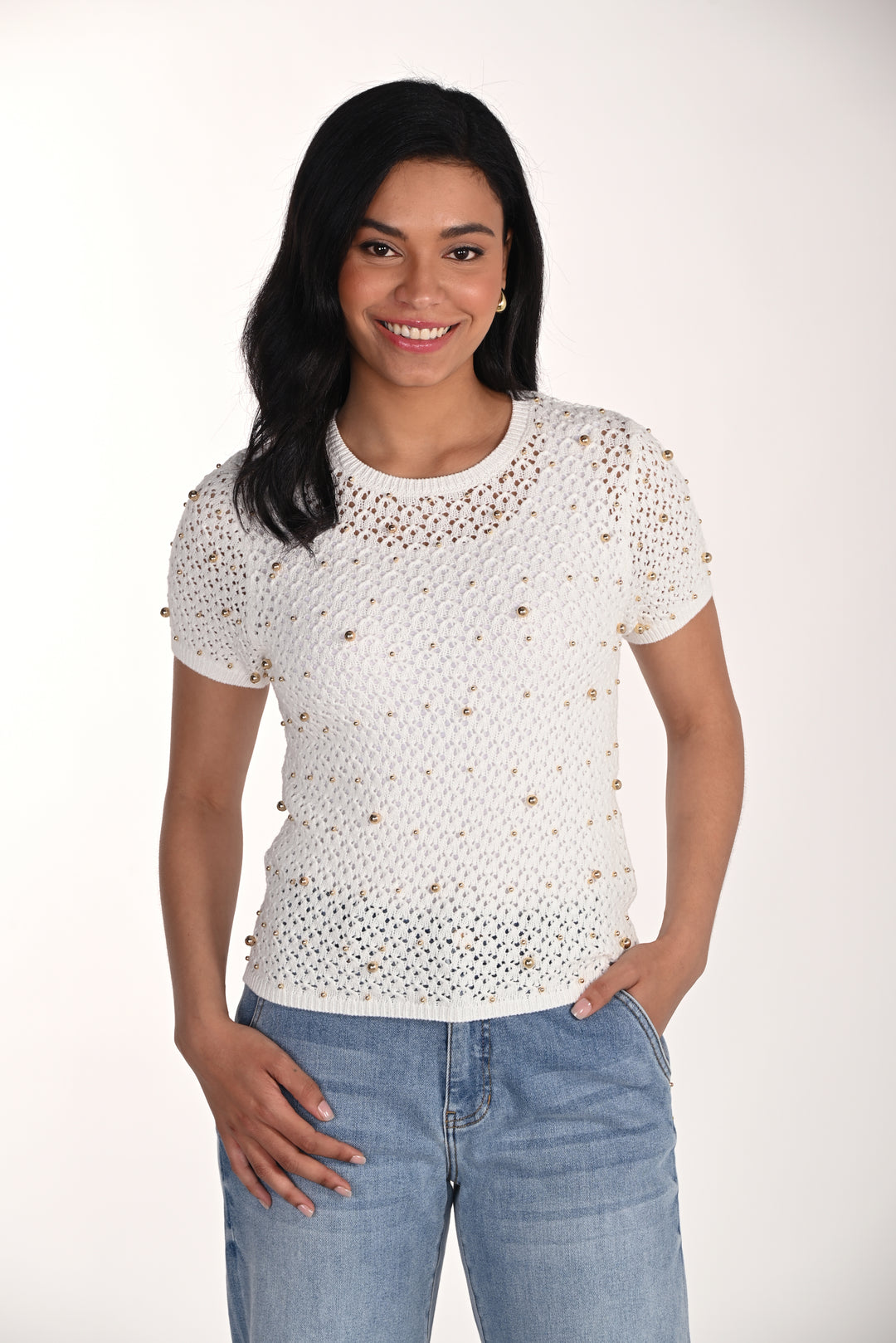Open-Knit Short Sleeve Pullover with Gold Stud 266510