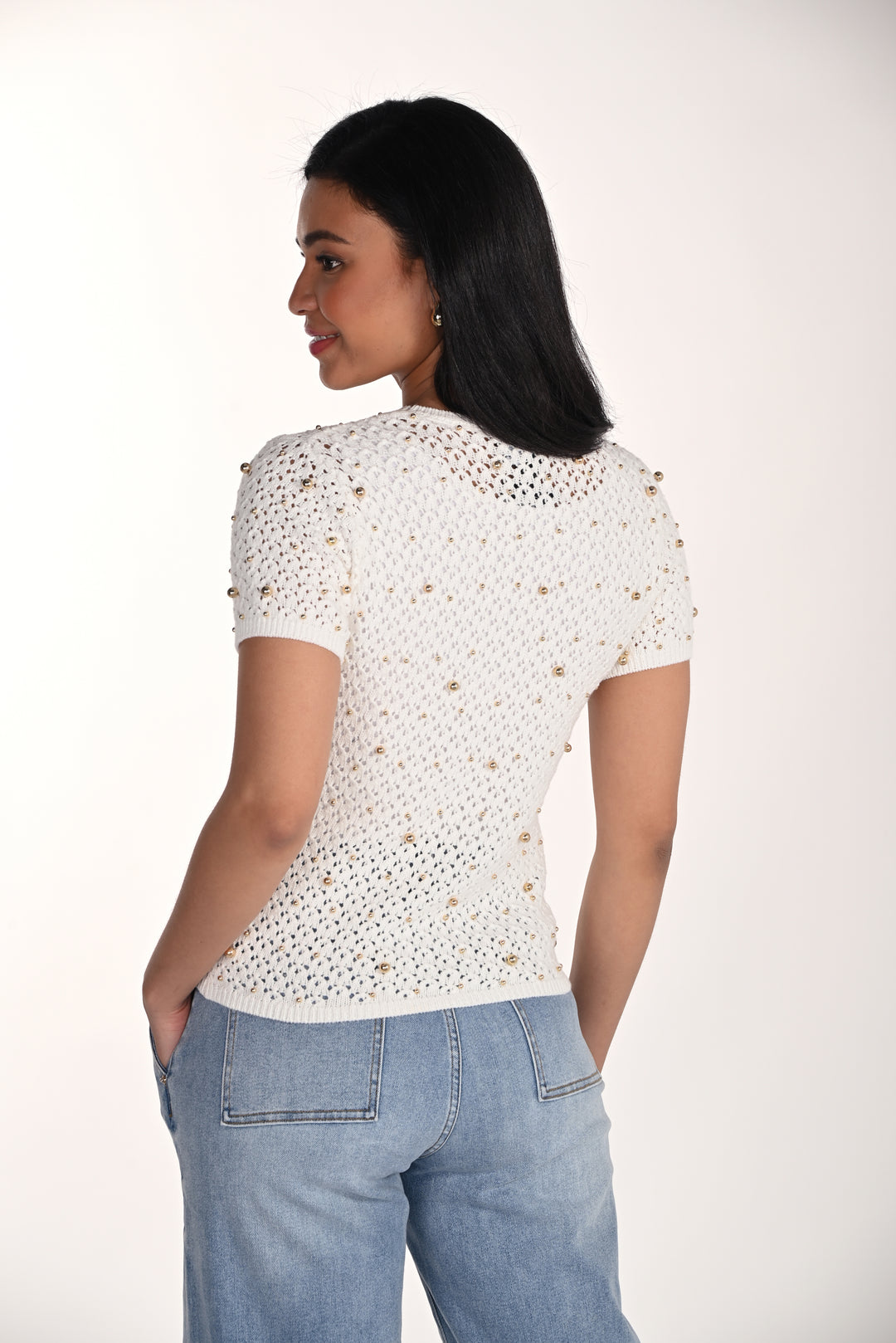 Open-Knit Short Sleeve Pullover with Gold Stud 266510
