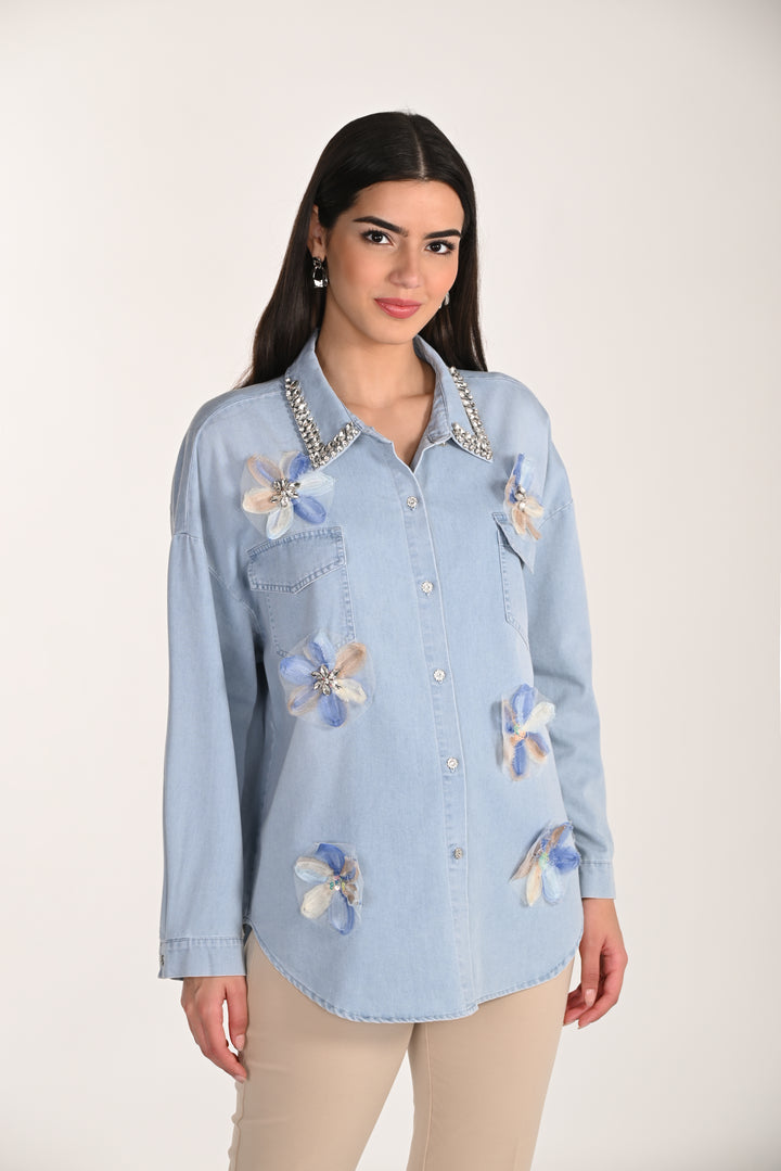 Light Wash Denim Shirt with 3D Floral Applique 266582