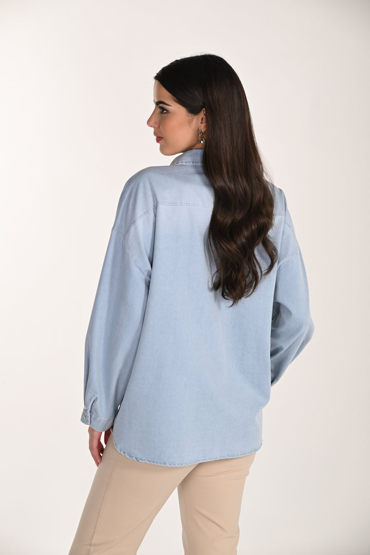 Light Wash Denim Shirt with 3D Floral Applique 266582