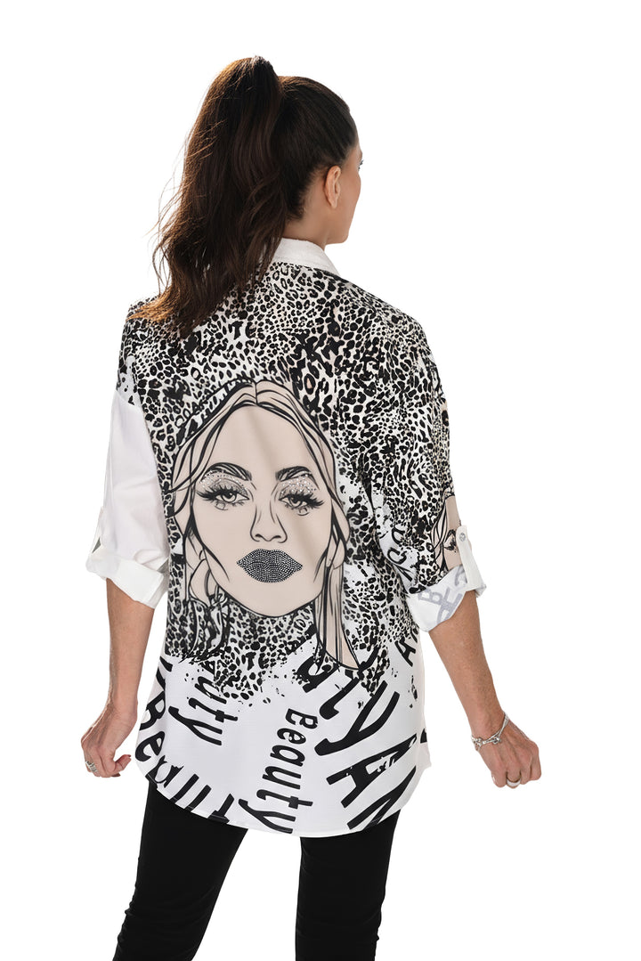 Leopard & Typography Collared Shirt with Sparkle Embellished Portrait 266600