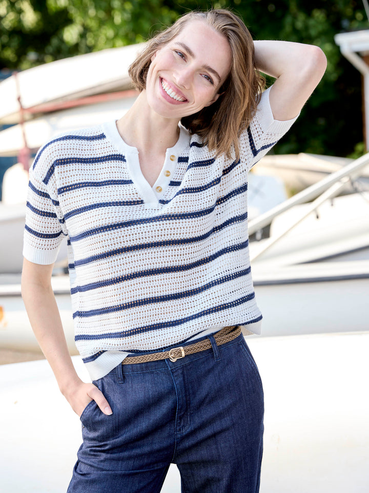 Striped Elbow Sleeve All Over Crochet Sweater