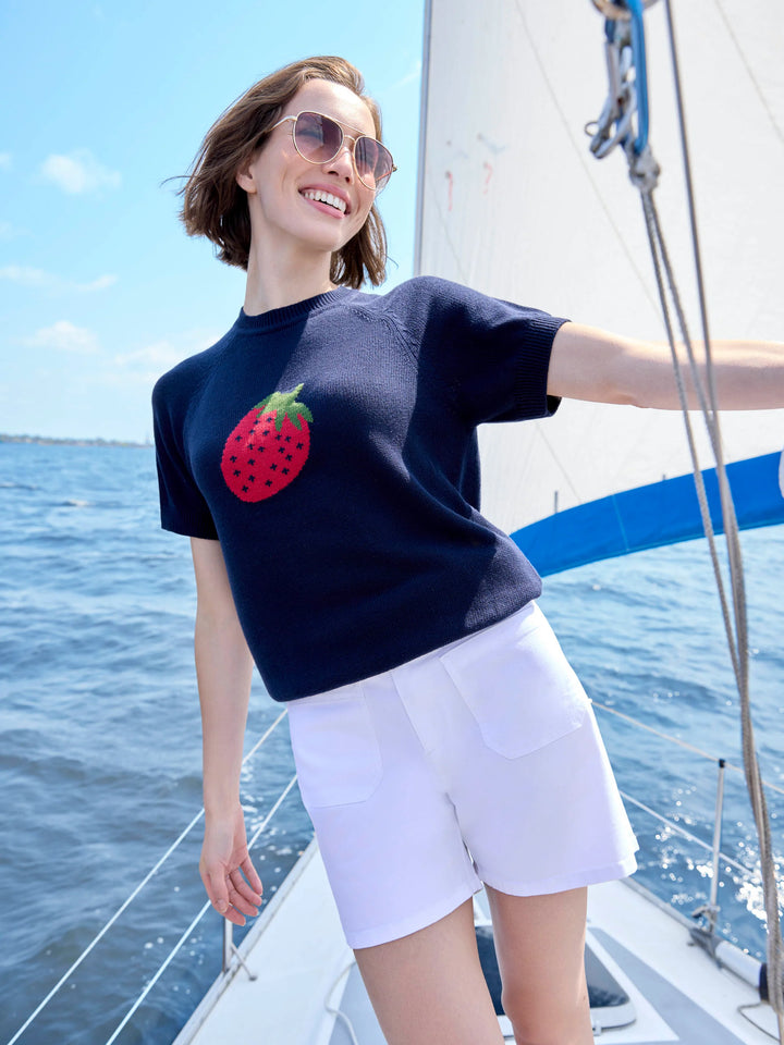 Raglan Short Sleeve Crew Neck Sweater With Placed Jacquard