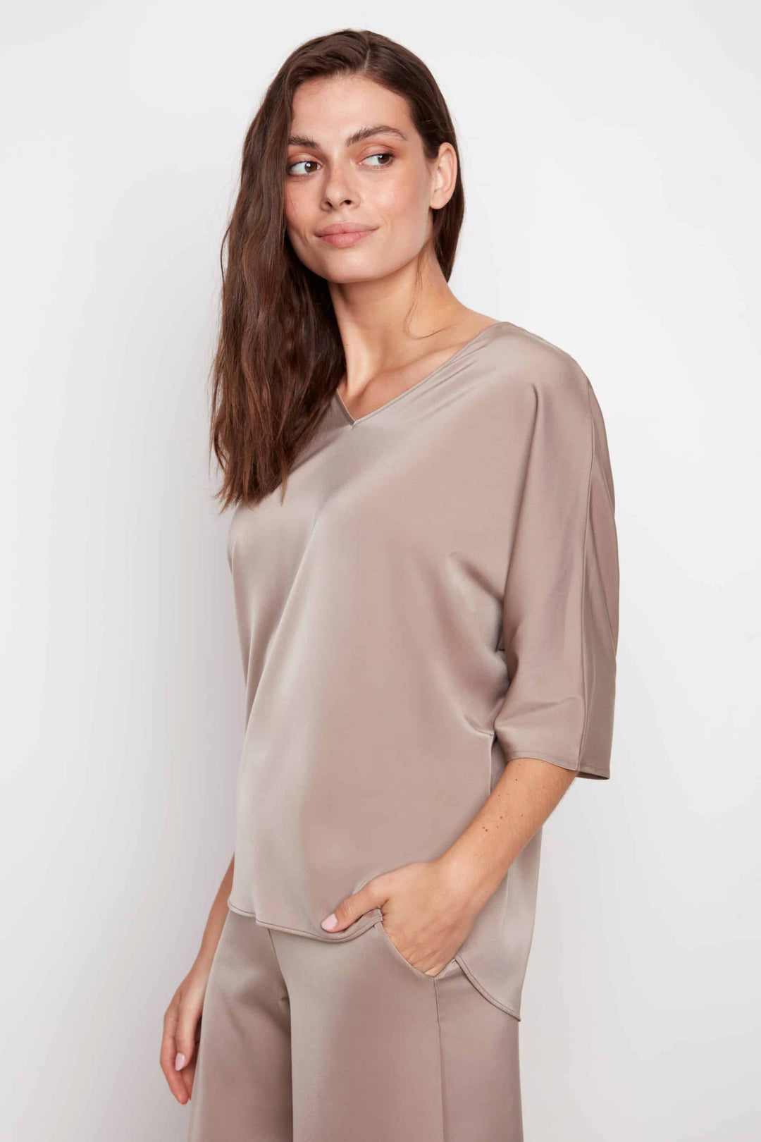 Belize Satin V-neck Short Sleeve Top