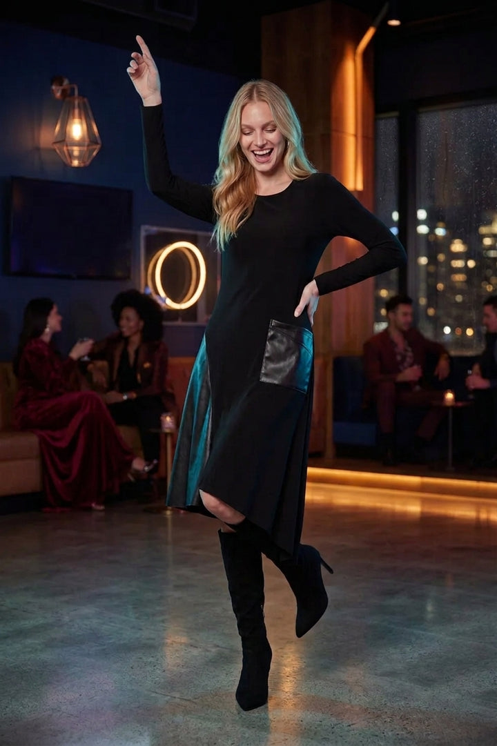 Compli K Long Sleeve Dress With Vegan Leather Details 36605