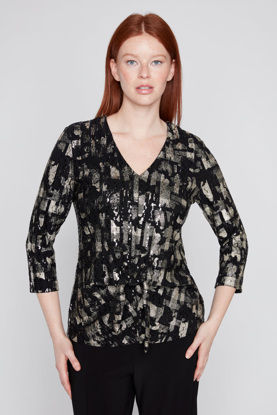 Compli K V-Neck 3/4 Sleeve Novelty Top With Front Tie Detail 50308