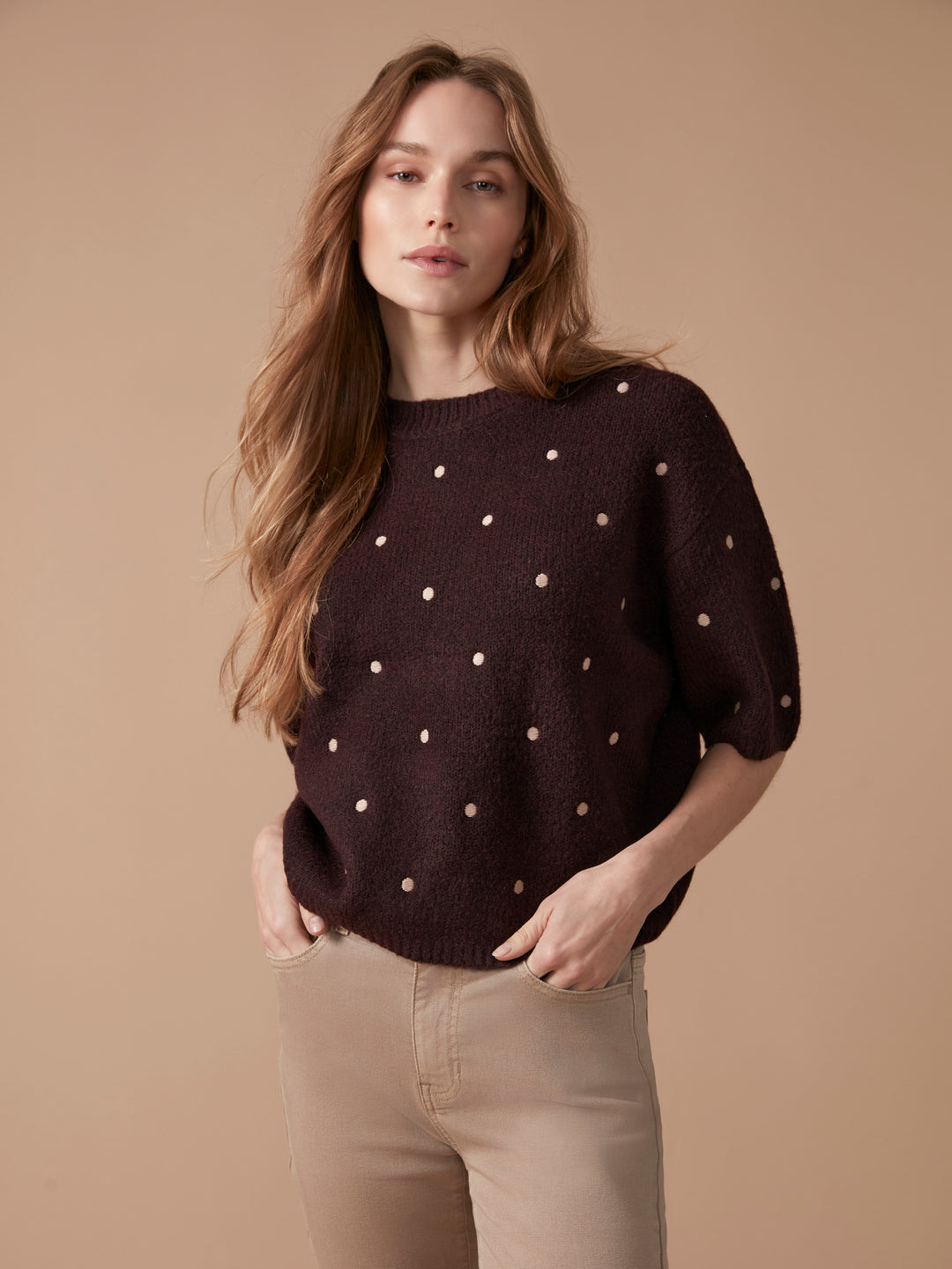 Elbow Sleeve Balloon Shape Sweater With Allover Embroidery