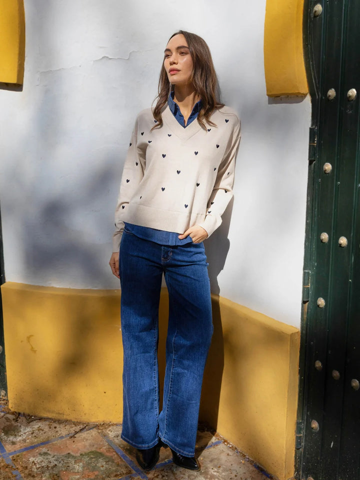 Long Sleeve Drop Shoulder Sweater With Woven Shirt Collar And Bottom Woven pc