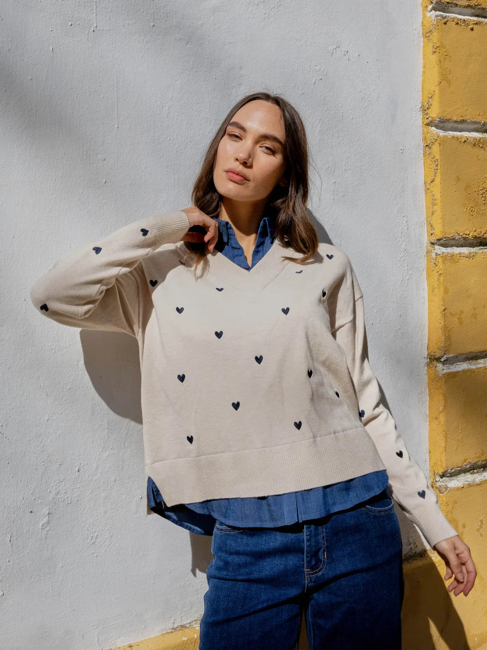 Long Sleeve Drop Shoulder Sweater With Woven Shirt Collar And Bottom Woven pc