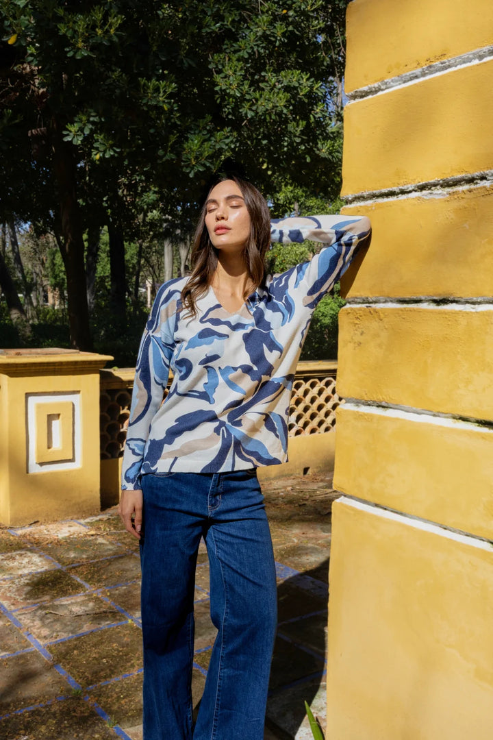 Long Sleeve Drop Shoulder Printed V-Neck Sweater