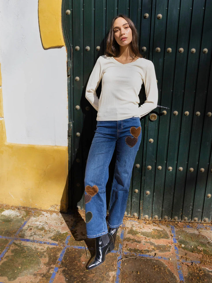 Straight Leg Pants With Corduroy and Leopard Heart Patches