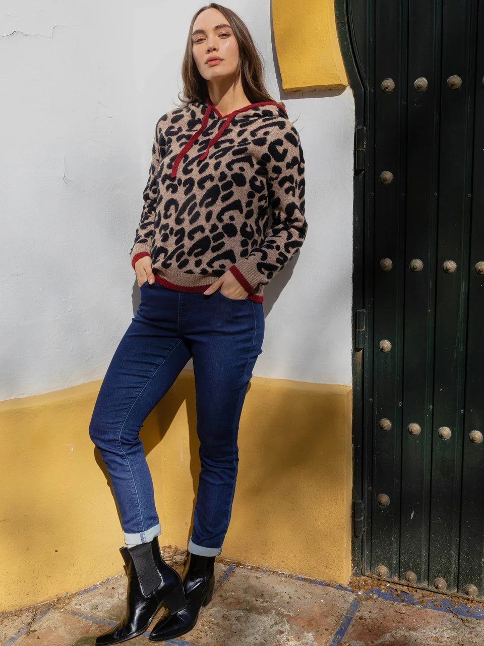 Long Sleeve Drop Shoulder Hooded Sweater In Jacquard With Contrast Trims