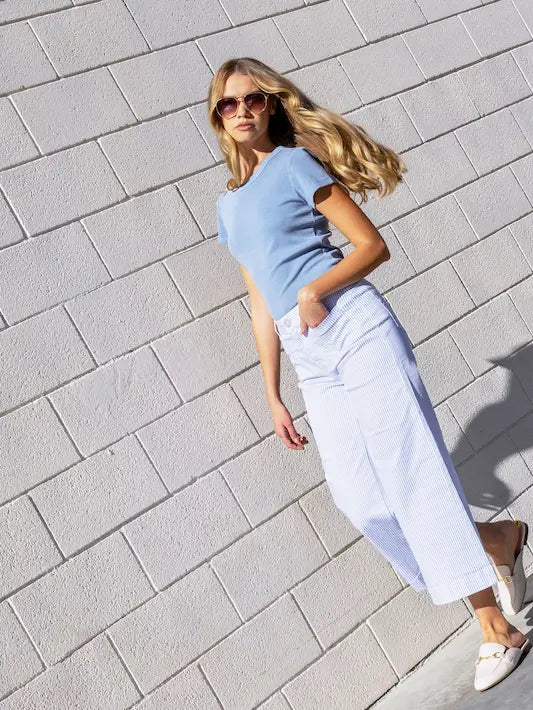 Yarn Dye Striped Twill Cropped Patch Pocket Flare Pants