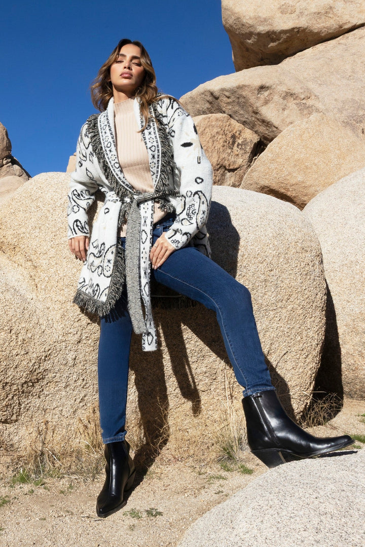 Long Sleeve Jacquard Sweater Cardigan With Self Belt & Pockets
