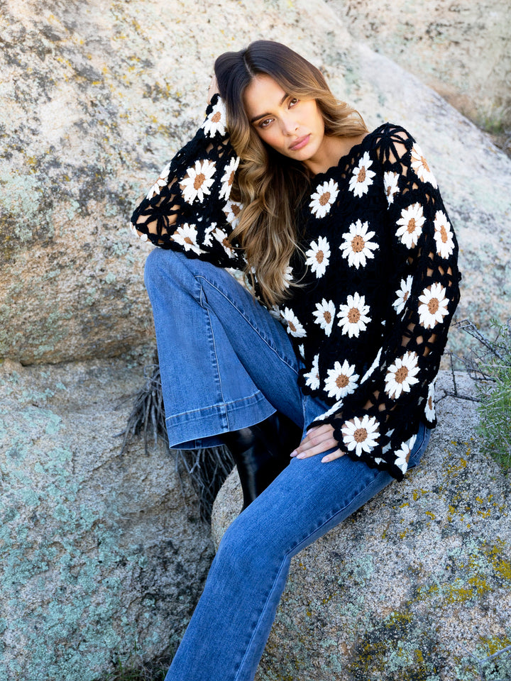 Long Sleeve Flowers Crochet Sweater