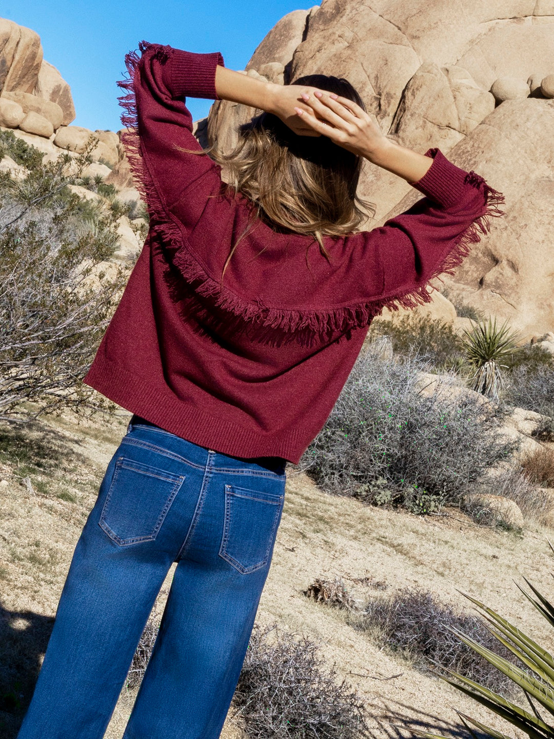 Long Sleeve Drop Shoulder Mock Neck Sweater With Fringes Detail At Back
