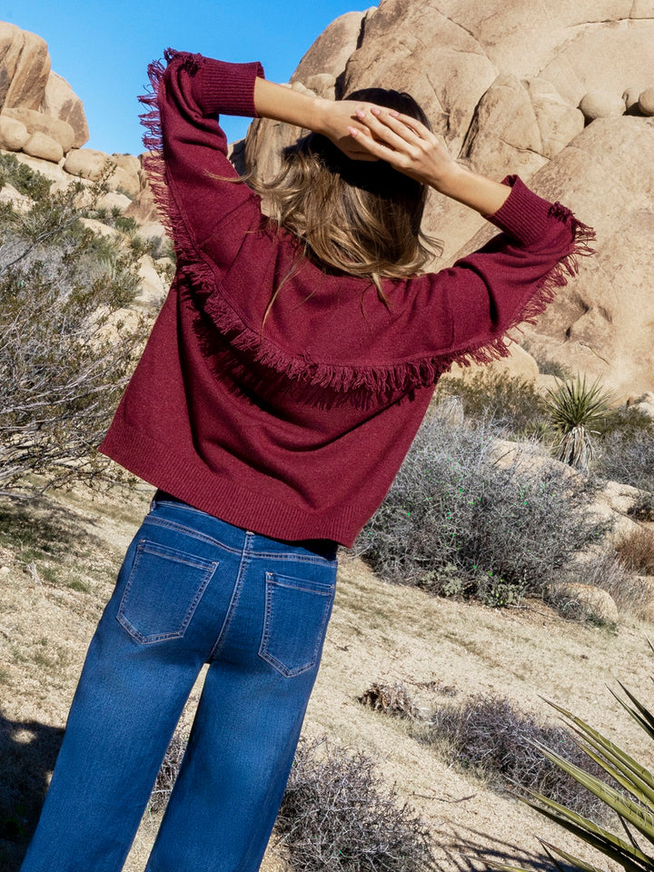 Long Sleeve Drop Shoulder Mock Neck Sweater With Fringes Detail At Back