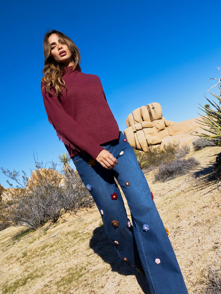 Long Sleeve Drop Shoulder Mock Neck Sweater With Fringes Detail At Back