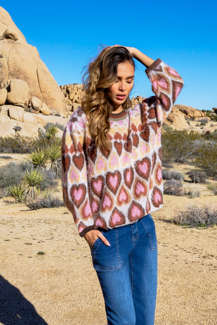 Heart Design Jacquard Mock Neck Sweater