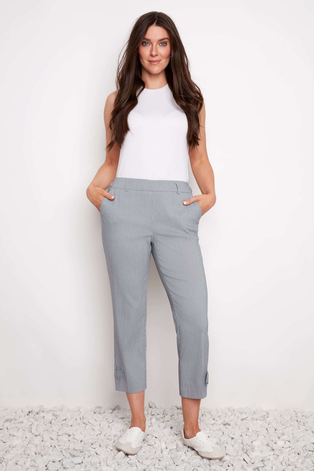 Navy Stripe Techno Button-tab Cropped Pant