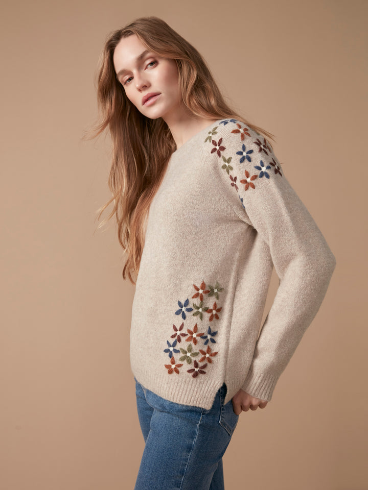 Floral Embroidered Raglan Crew Neck Sweater