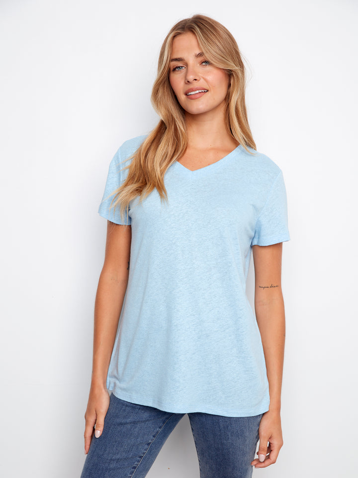 Foiled Linen Blend V-Neck T-Shirt