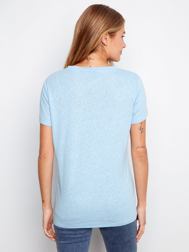 Foiled Linen Blend V-Neck T-Shirt