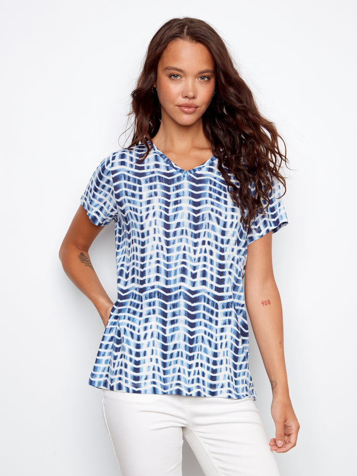 Printed Linen Blend V-Neck T-Shirt