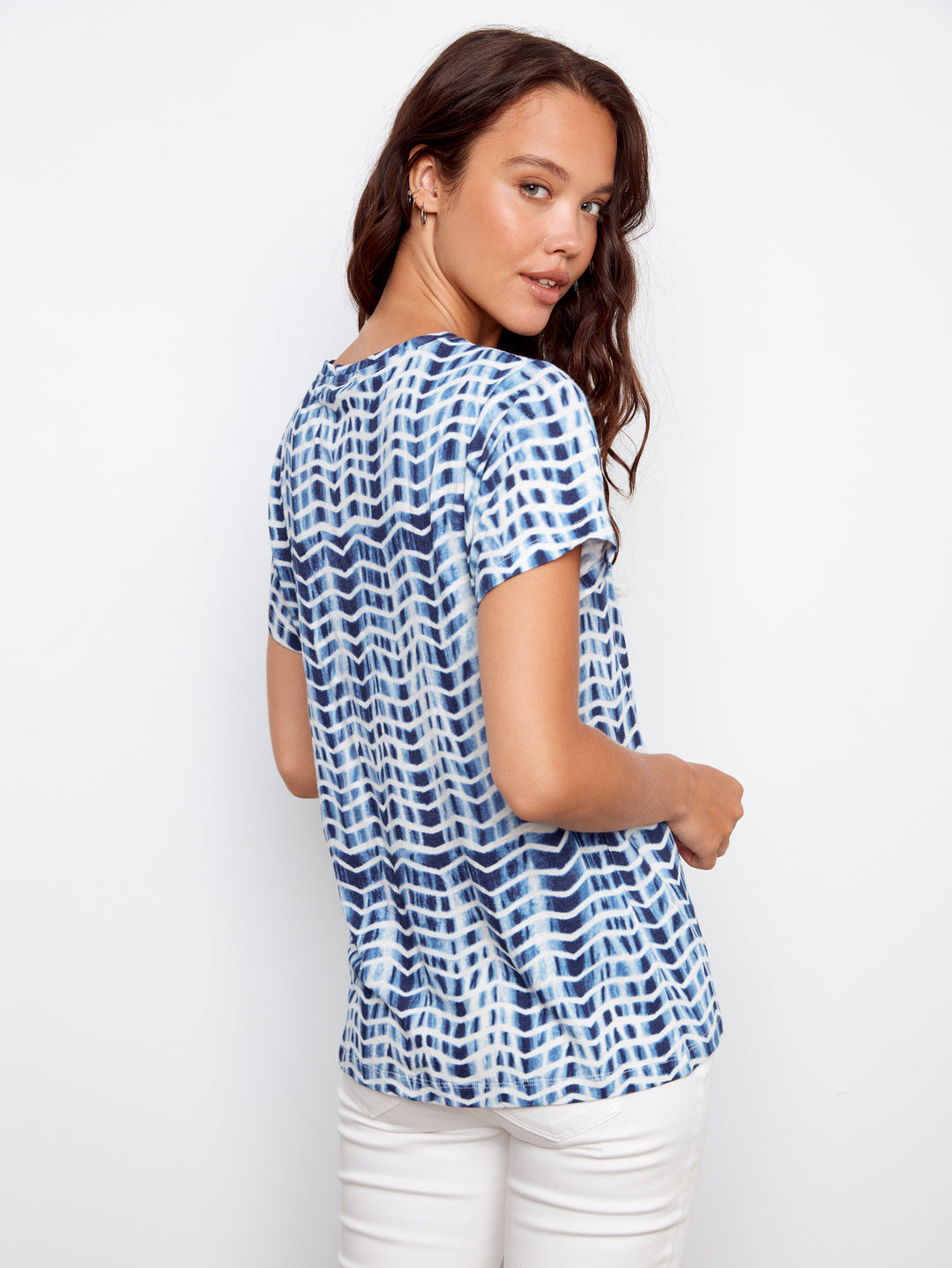Printed Linen Blend V-Neck T-Shirt