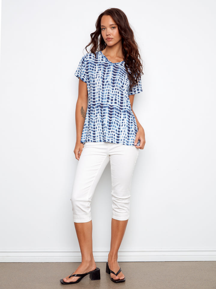 Printed Linen Blend V-Neck T-Shirt