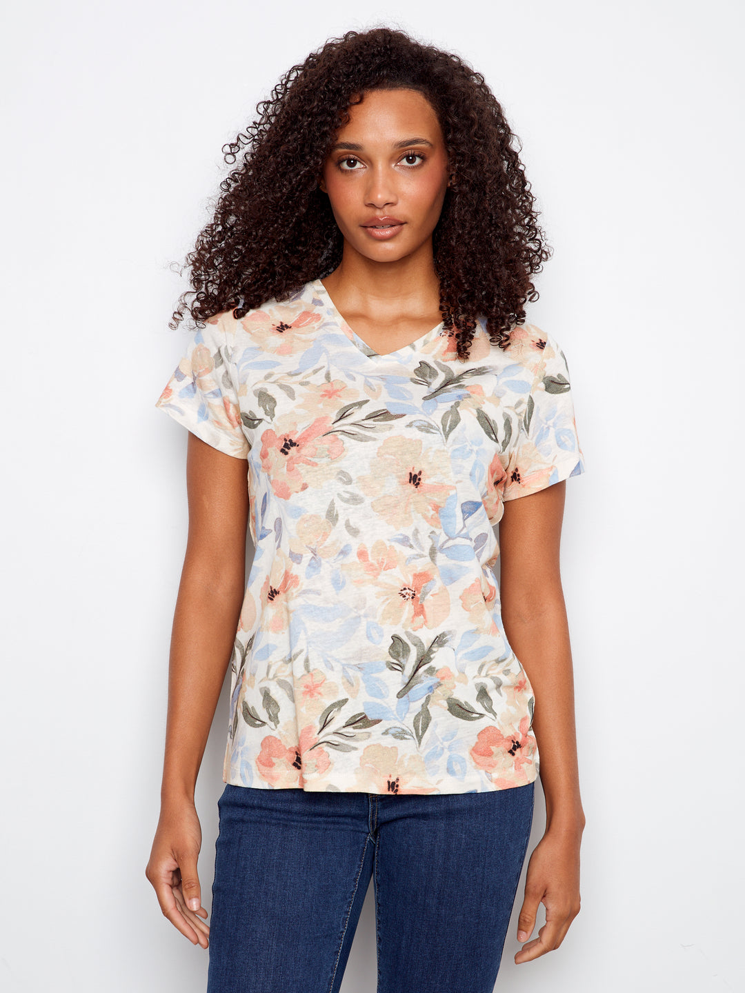 Printed Linen Blend V-Neck T-Shirt