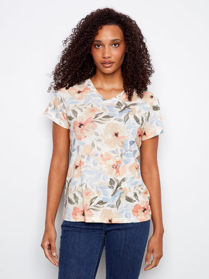 Printed Linen Blend V-Neck T-Shirt