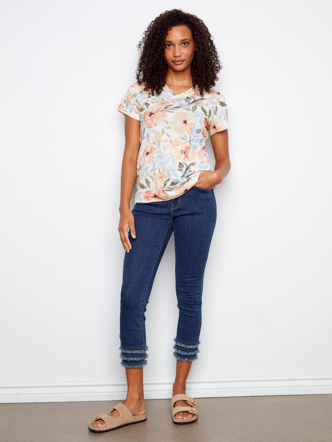 Printed Linen Blend V-Neck T-Shirt