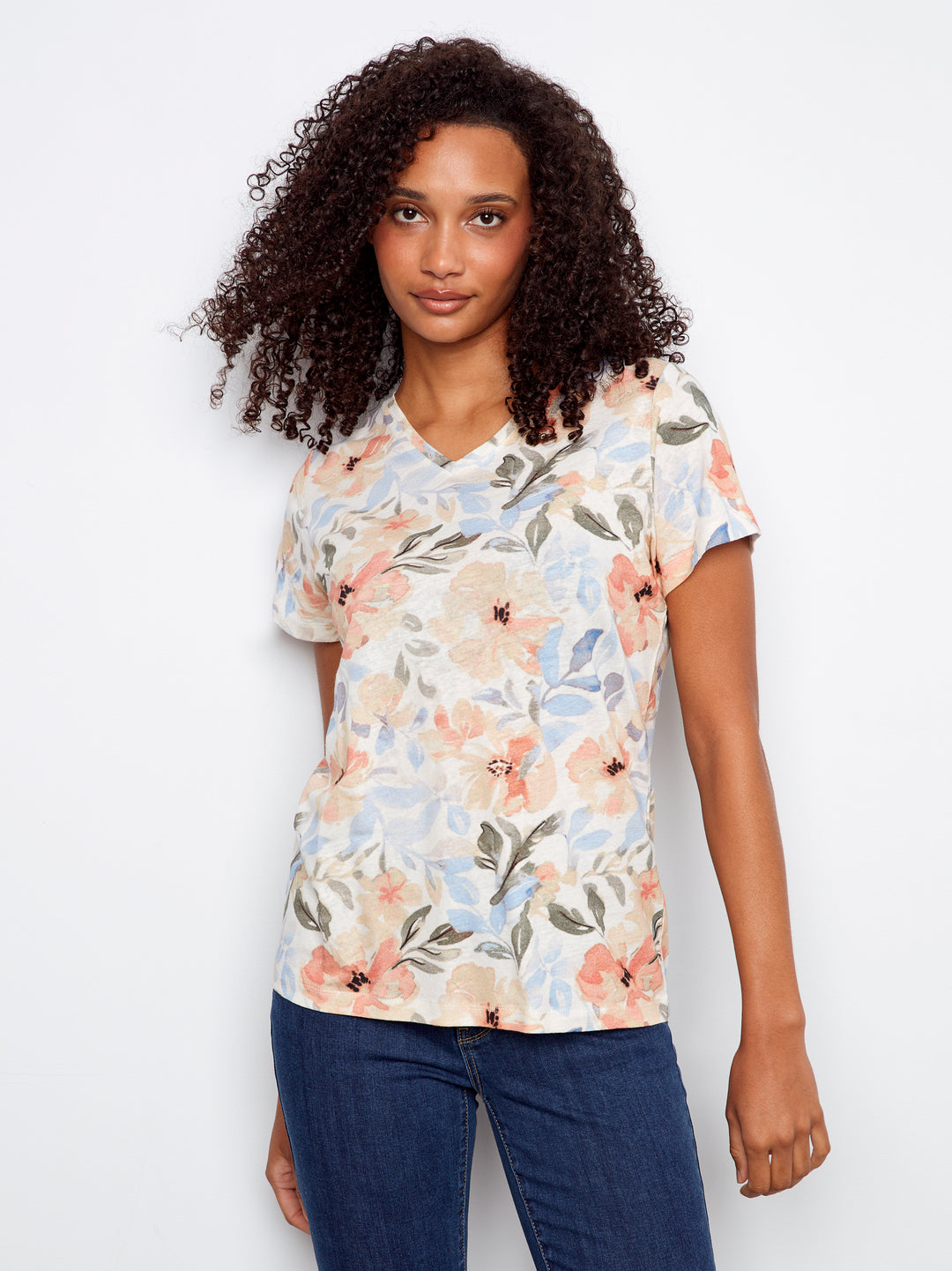 Printed Linen Blend V-Neck T-Shirt