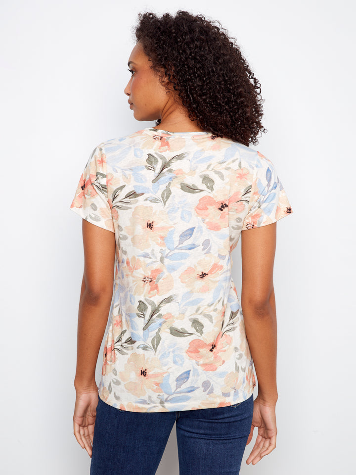 Printed Linen Blend V-Neck T-Shirt