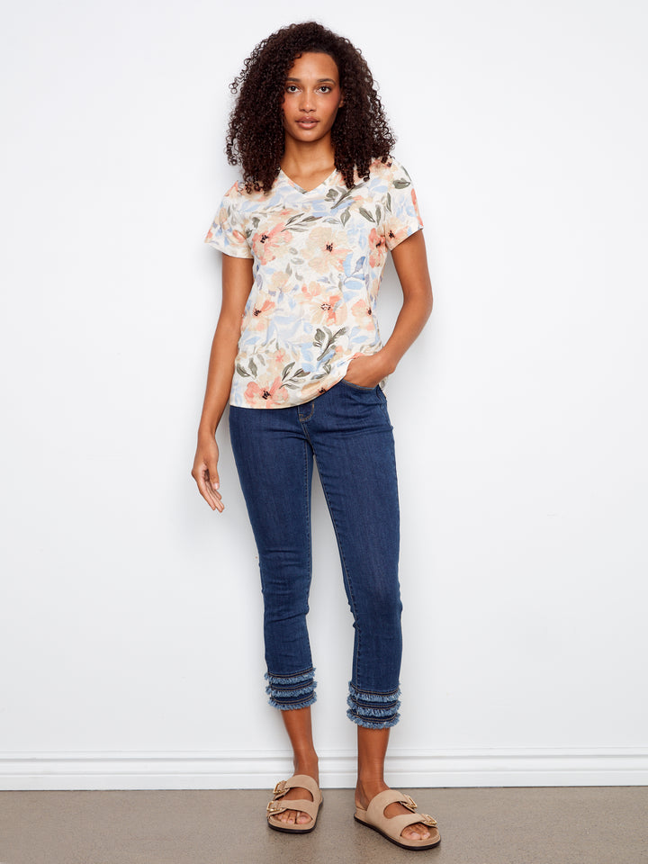 Printed Linen Blend V-Neck T-Shirt