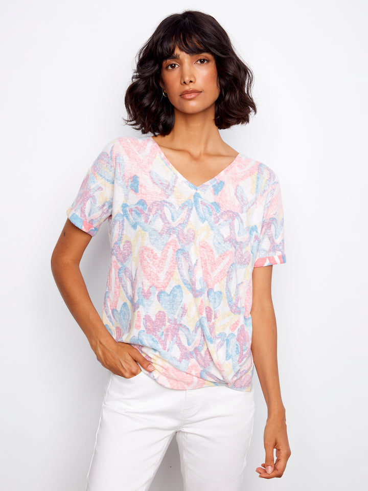 Printed V-Neck T-Shirt With Knot Detail