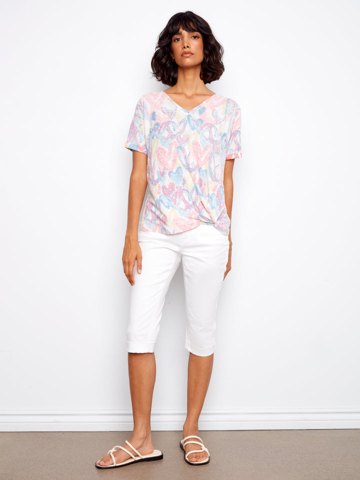 Printed V-Neck T-Shirt With Knot Detail
