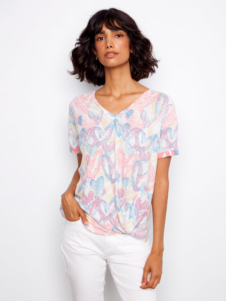 Printed V-Neck T-Shirt With Knot Detail