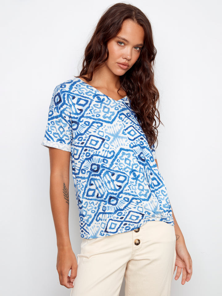 Printed V-Neck T-Shirt With Knot Detail