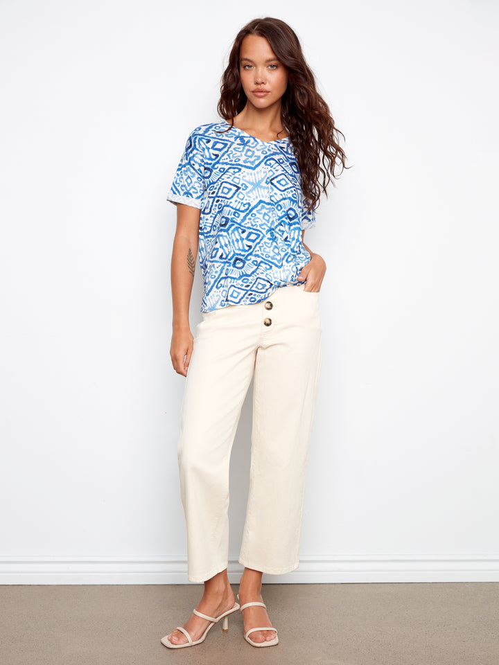 Printed V-Neck T-Shirt With Knot Detail
