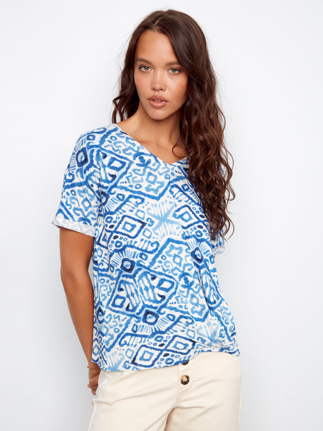 Printed V-Neck T-Shirt With Knot Detail