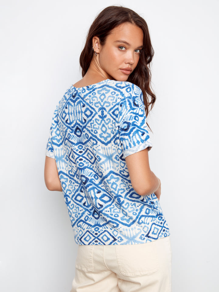 Printed V-Neck T-Shirt With Knot Detail