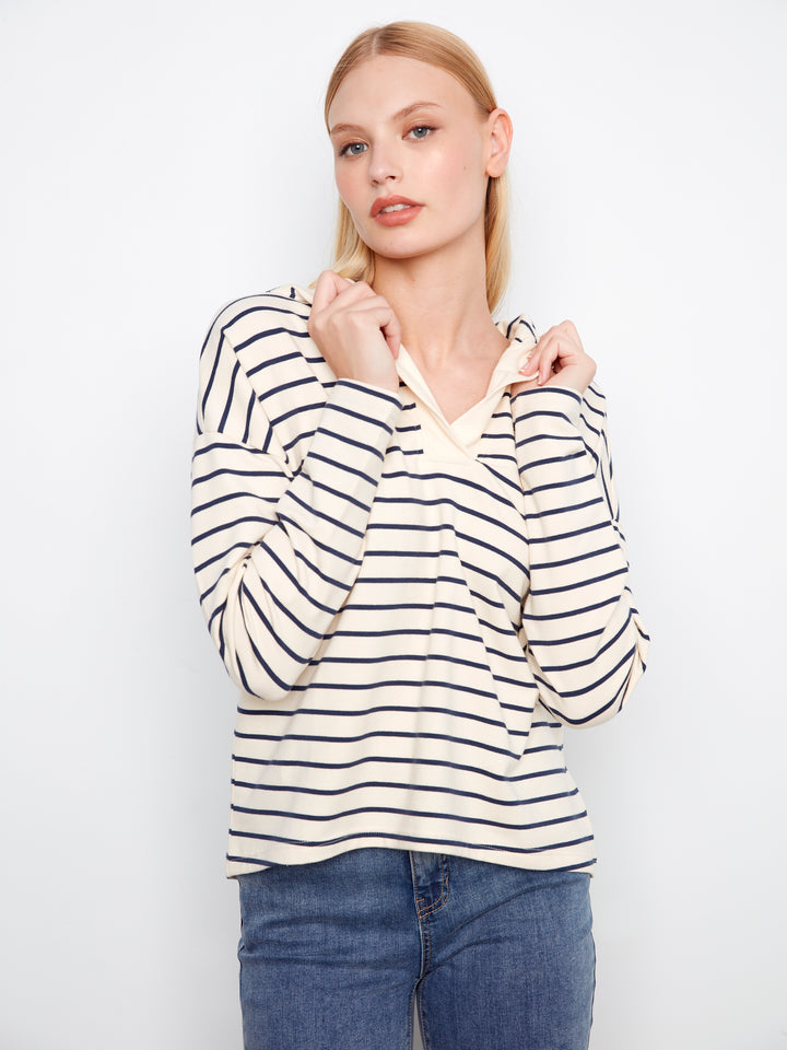 V-Neck Striped Hoodie With High-Low Hem