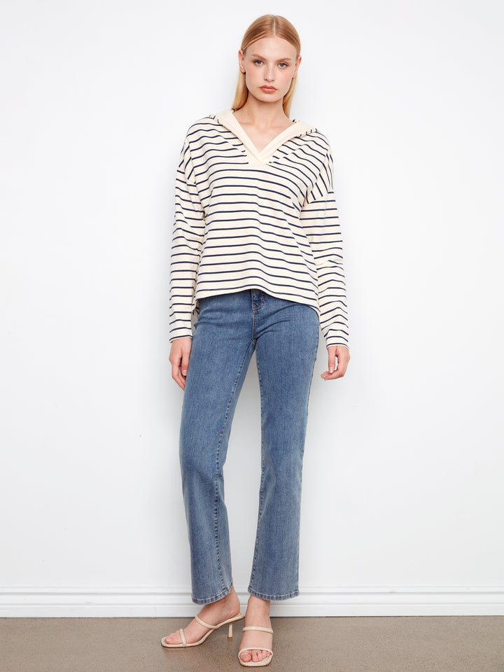 V-Neck Striped Hoodie With High-Low Hem