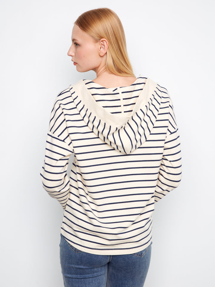 V-Neck Striped Hoodie With High-Low Hem