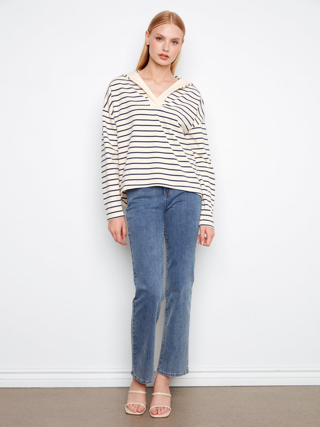 V-Neck Striped Hoodie With High-Low Hem