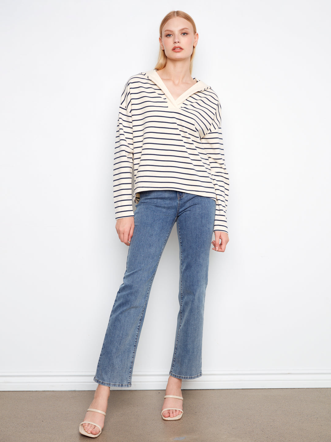 V-Neck Striped Hoodie With High-Low Hem
