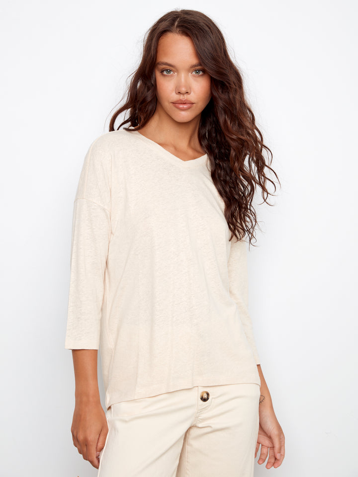 Foiled V-Neck 3/4 Sleeve Top